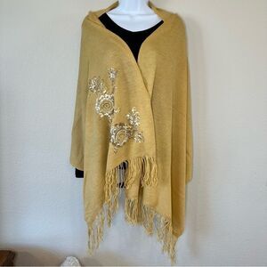 Rikka Mustard Shawl with Floral Sequin Design